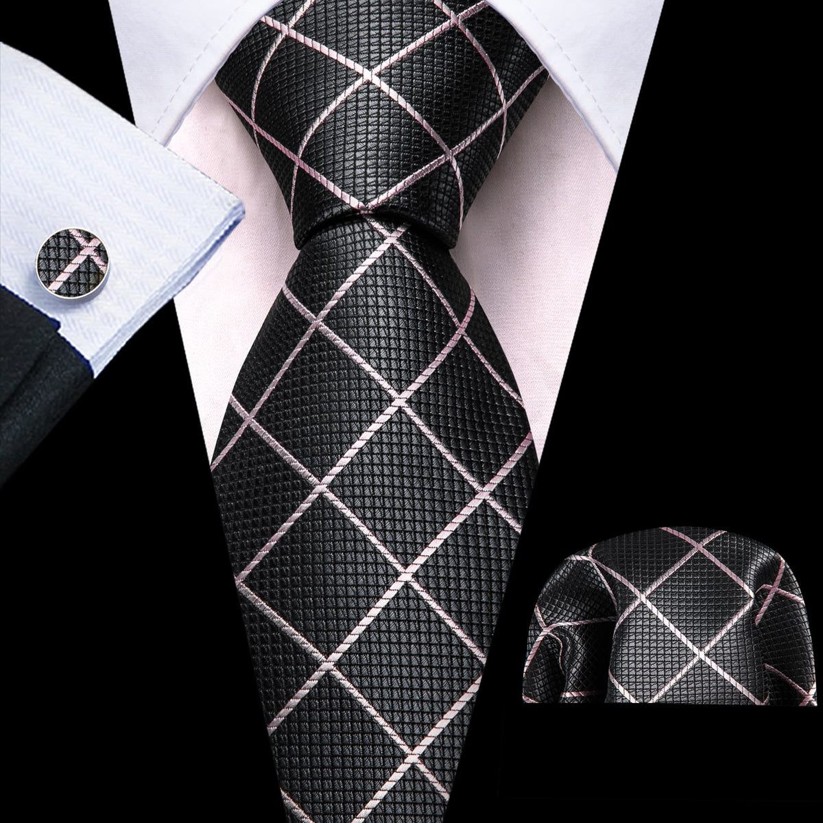 Gray and White Checkered Tie, Pocket Square, and Cufflinks Silk Tie Set - GentCrest