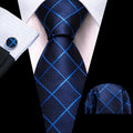 Navy Blue Checkered Tie, Pocket Square, and Cufflinks Silk Tie Set - GentCrest