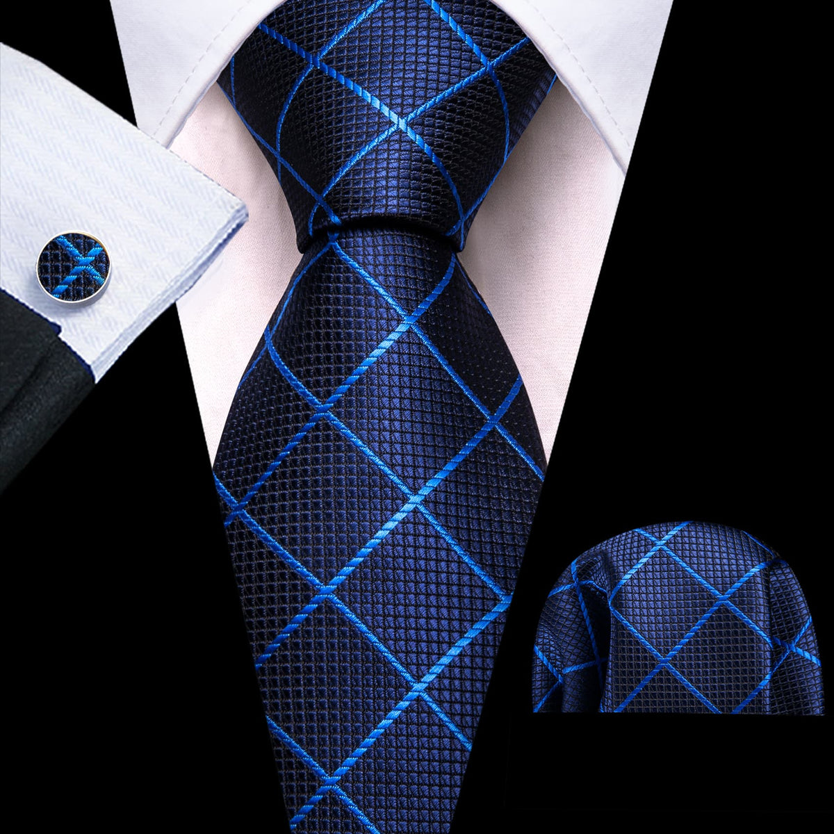 Navy Blue Checkered Tie, Pocket Square, and Cufflinks Silk Tie Set - GentCrest
