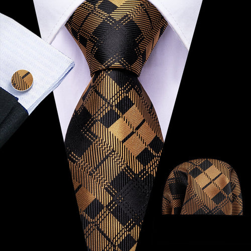 Black & Yellow Checkered Silk Tie Set - GentCrest