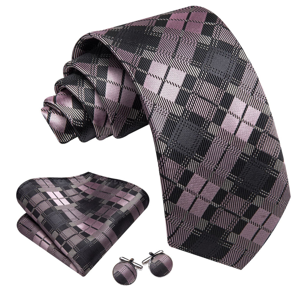 Black, Gray & Pink Checkered Silk Tie Set - GentCrest - View 2