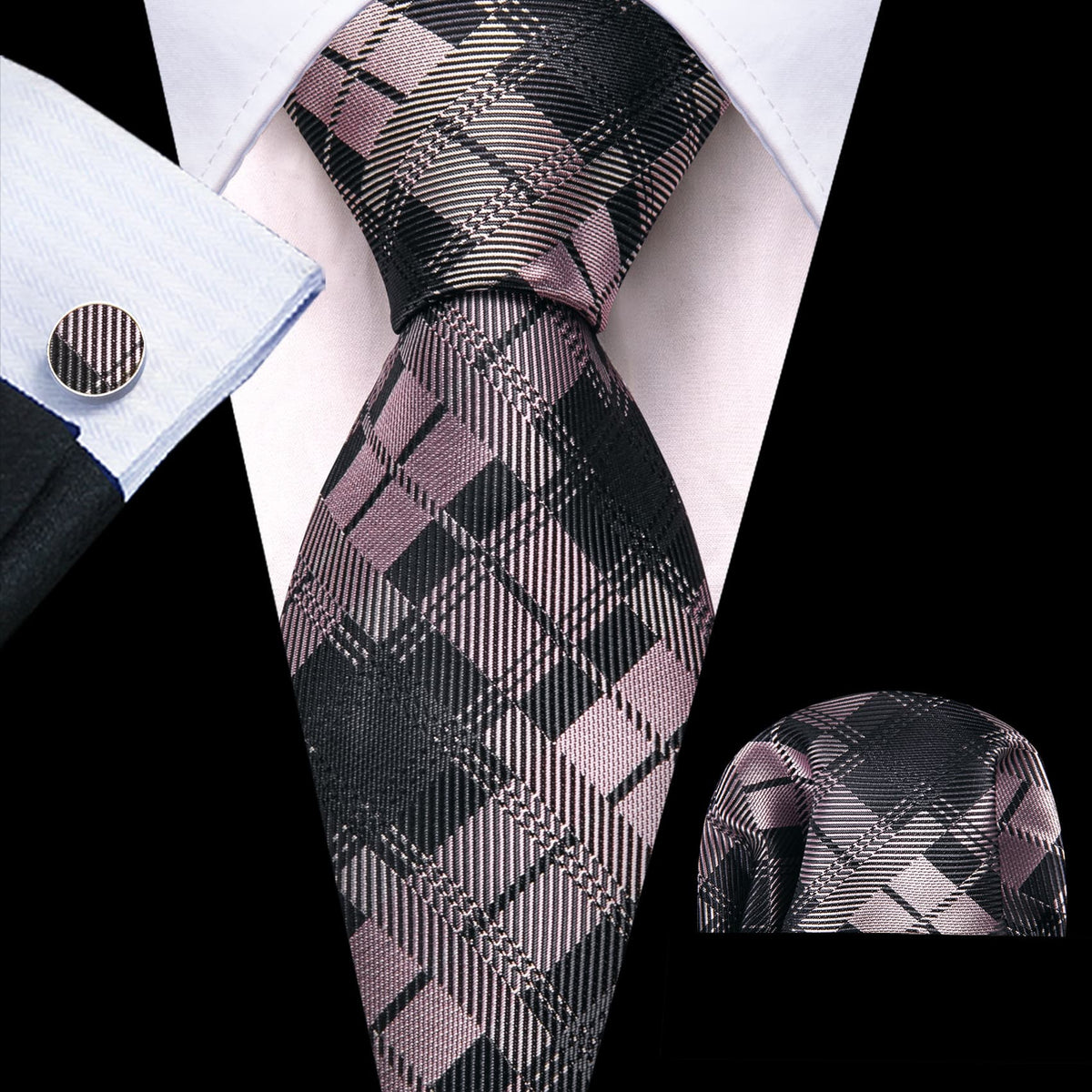 Black, Gray & Pink Checkered Silk Tie Set - GentCrest