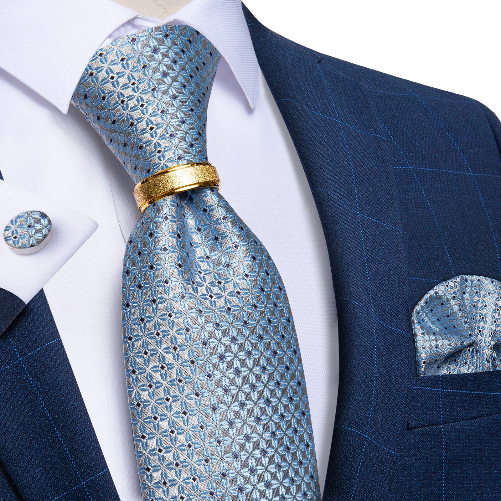 GentCrest Blue Floral Tie with Rings - Image 1
