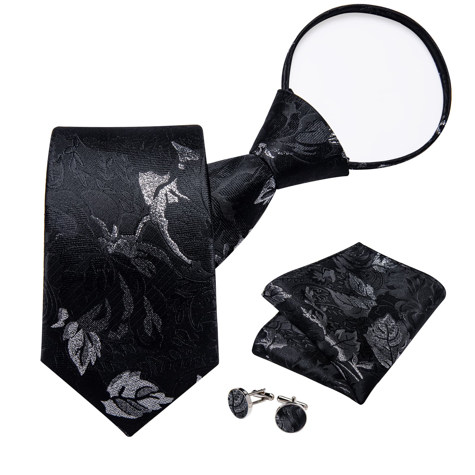 GentCrest Black Floral Tie Hanky Cufflinks Set - Image 2