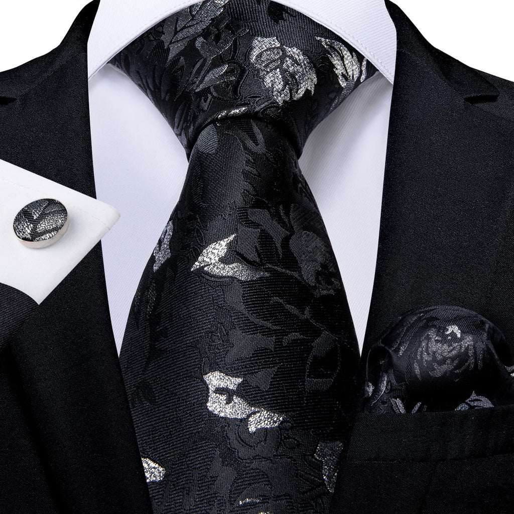 GentCrest Black Floral Tie Hanky Cufflinks Set - Image 1