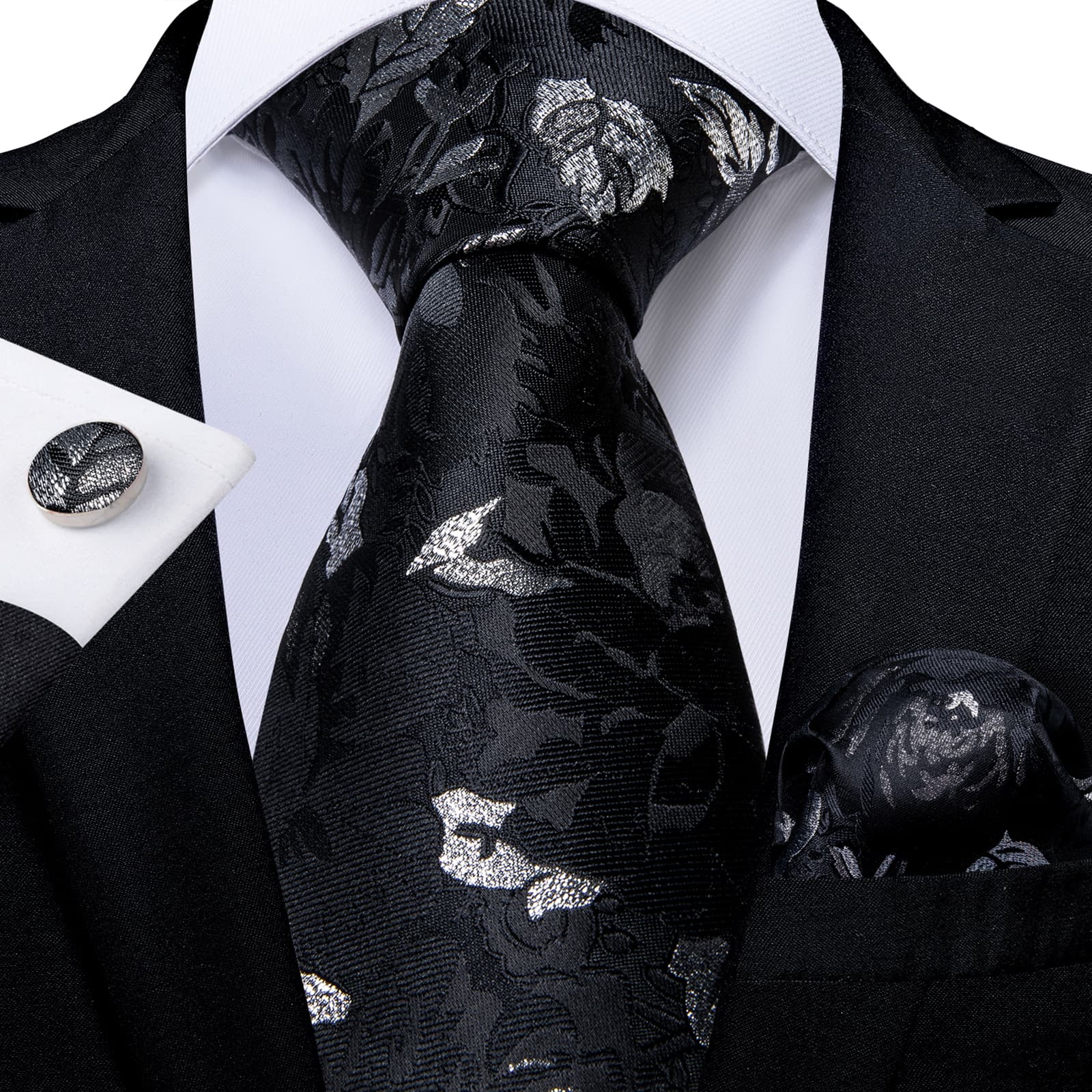 GentCrest Black Floral Tie Hanky Cufflinks Set - Image 1