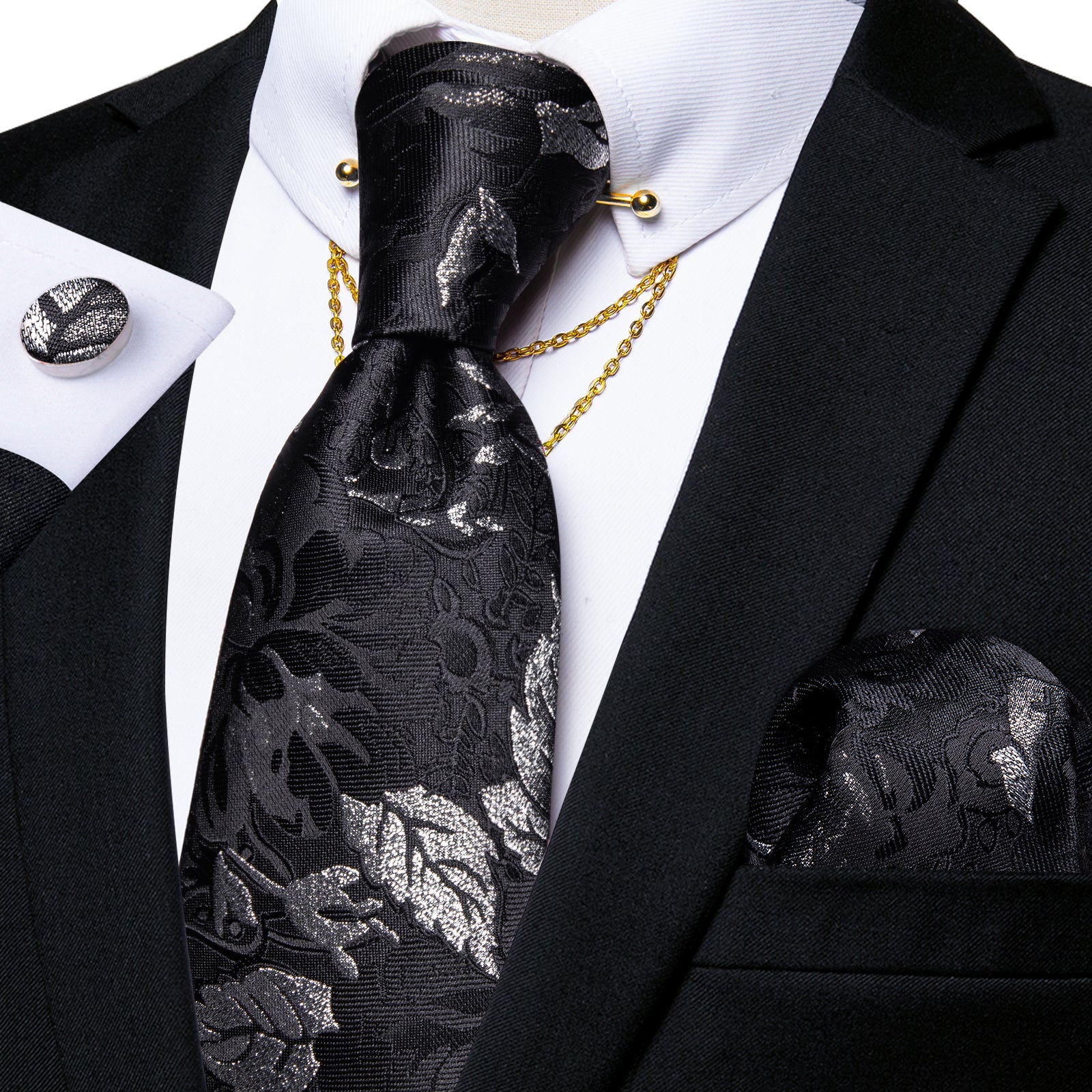 GentCrest Black Floral Tie with Accessories - Image 2