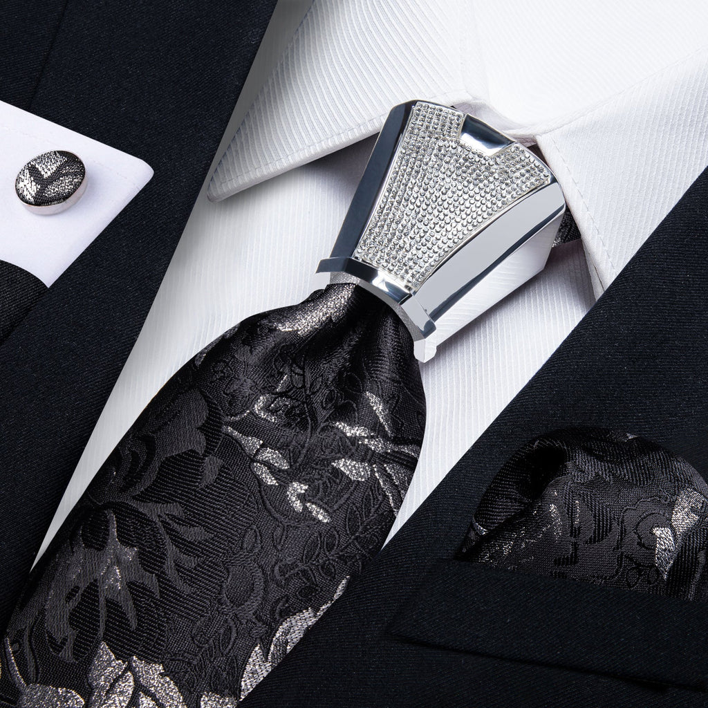 GentCrest Black Floral Tie with Rings - Image 1