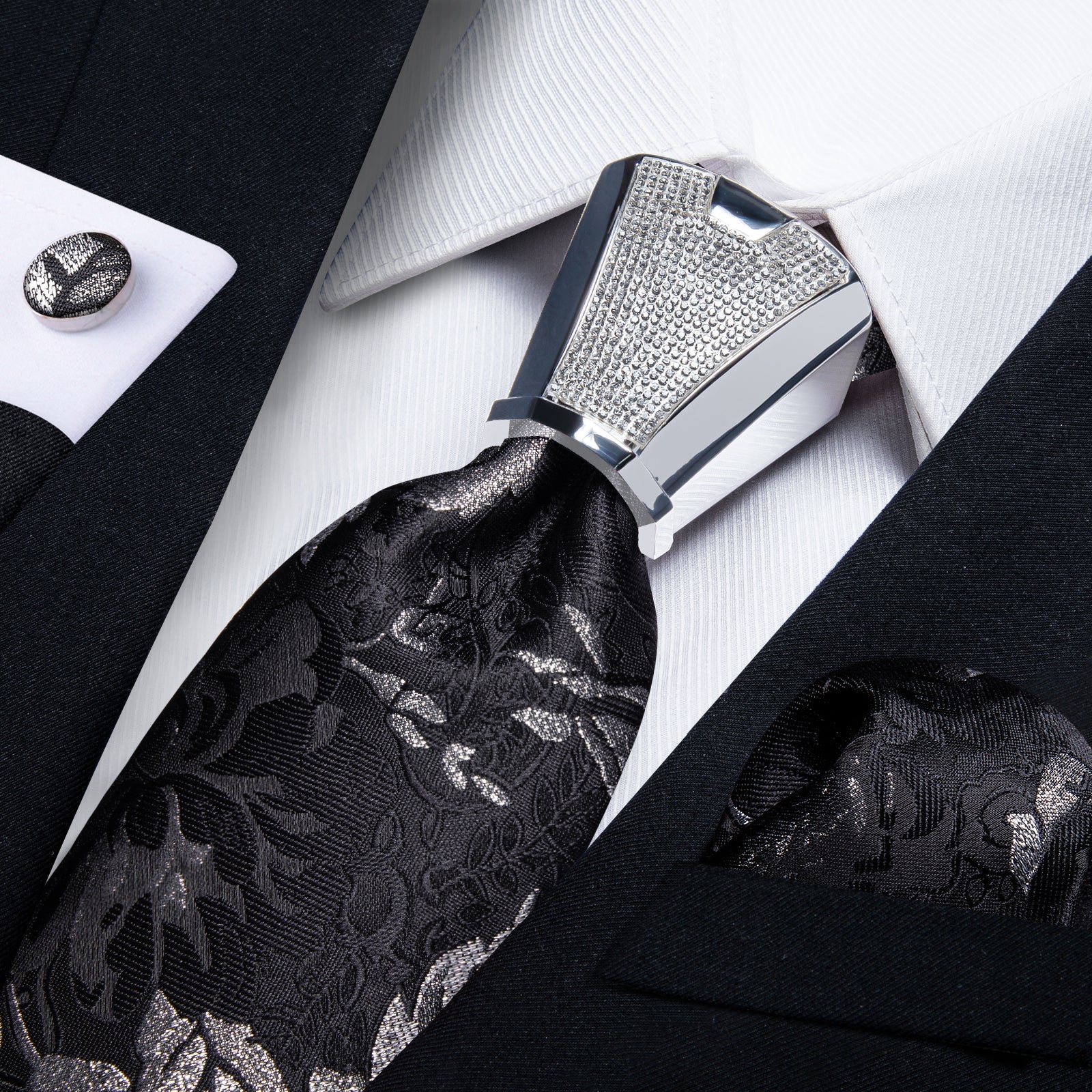 GentCrest Black Floral Tie with Rings - Image 1
