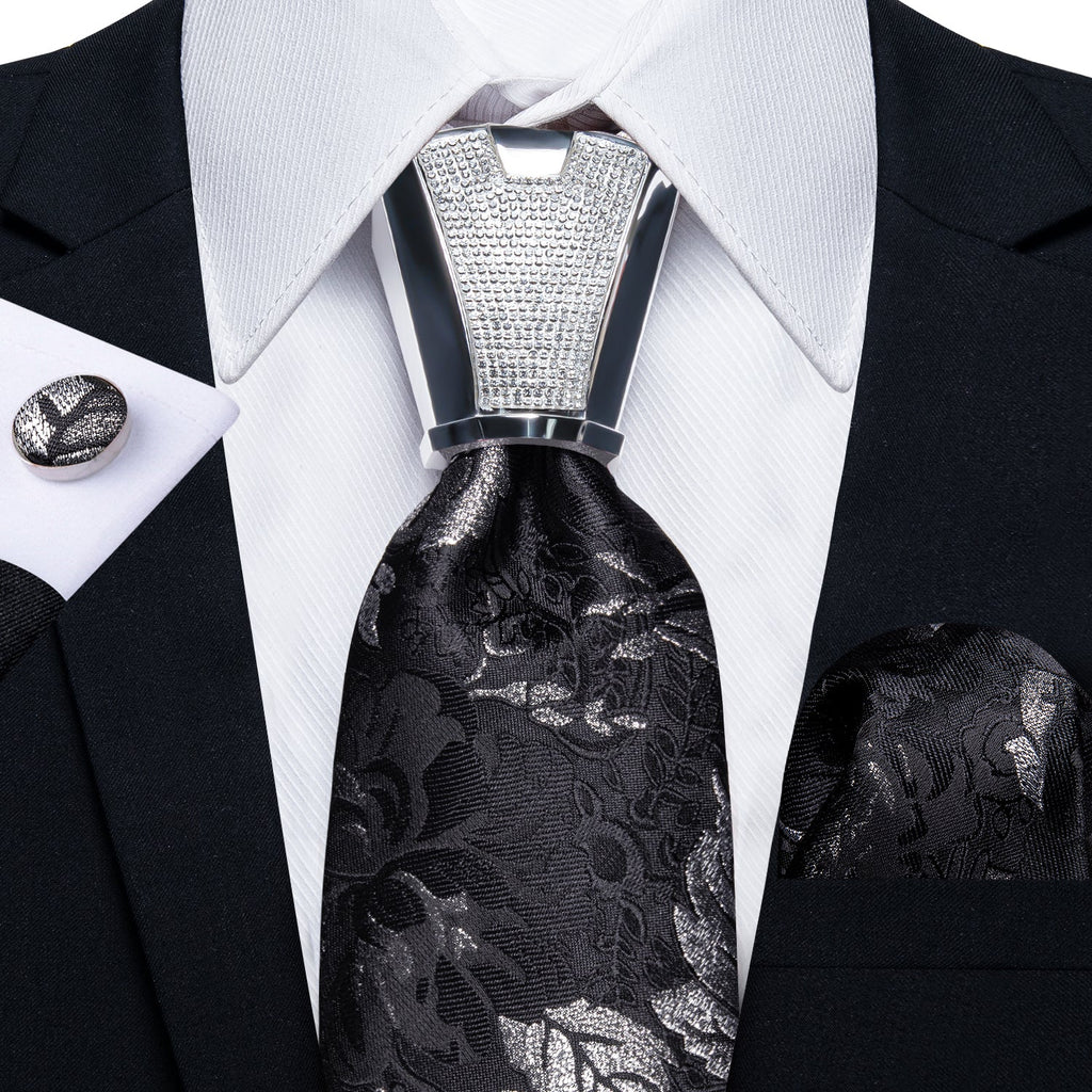 GentCrest Black Floral Tie with Rings - Image 2