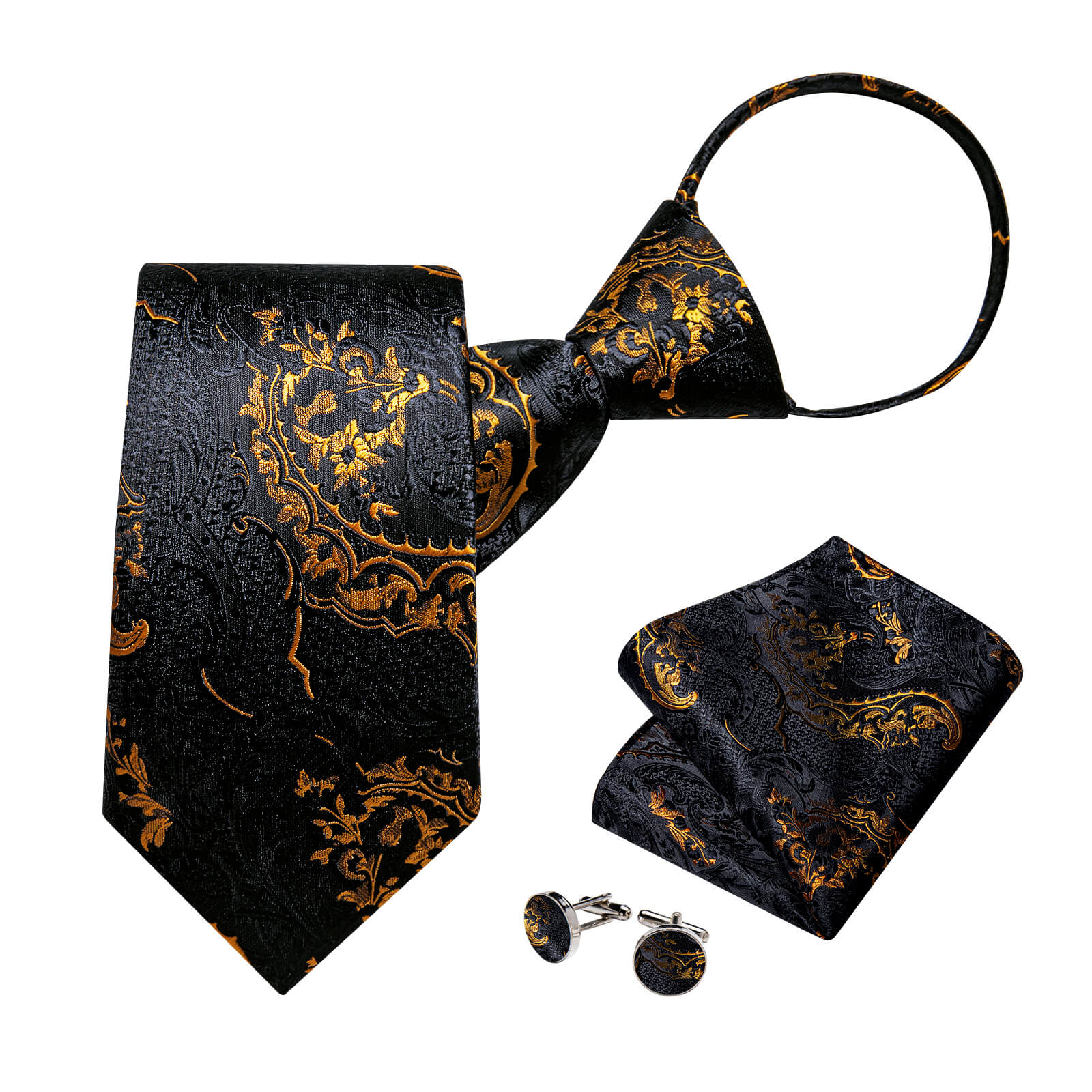 GentCrest Black Floral Tie Hanky Cufflinks Set - Image 3
