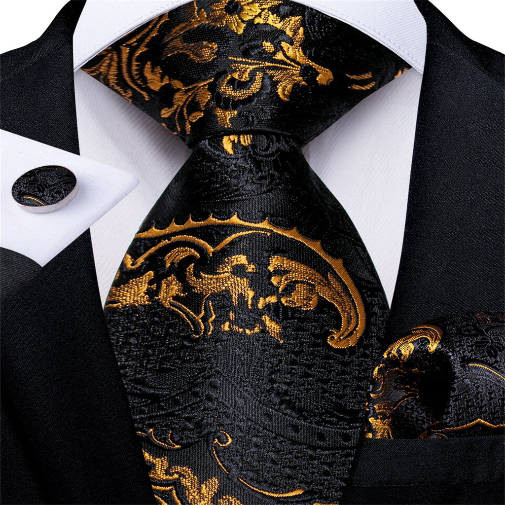 GentCrest Black Floral Tie Hanky Cufflinks Set - Image 1