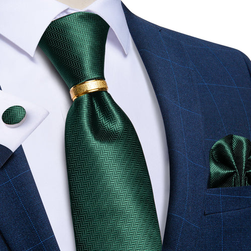 Deep Green Plaid Tie Ring Pocket Square Cufflinks Set