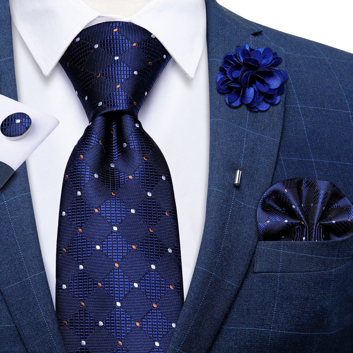 GentCrest Blue Plaid Tie Hanky Cufflinks Set - Image 7
