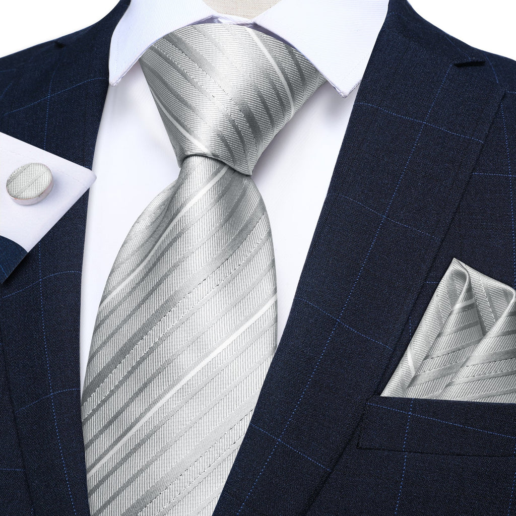 GentCrest Silver Striped Tie Hanky Cufflinks Set - Image 1