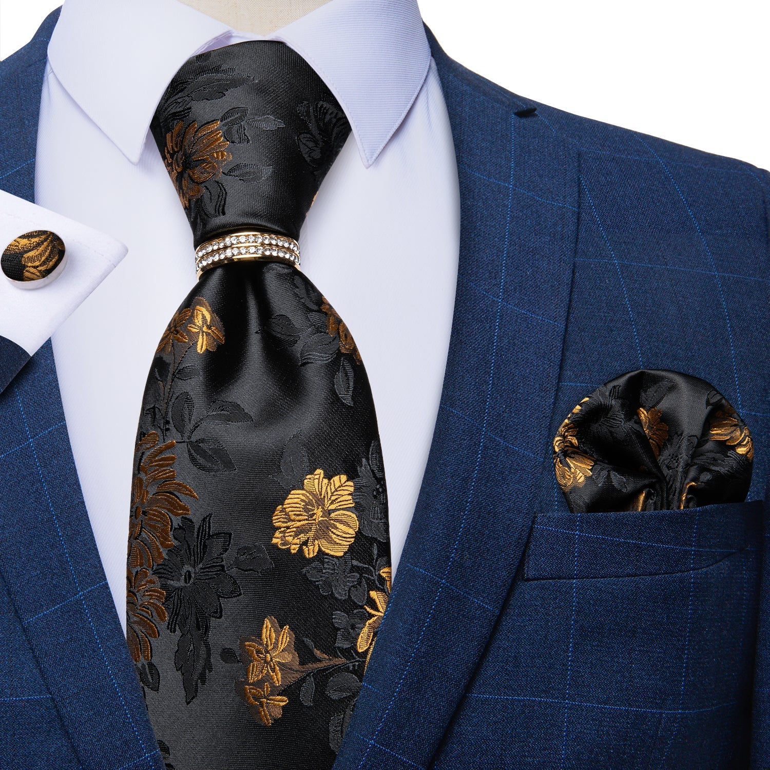 GentCrest Black Floral Tie with Rings - Image 2