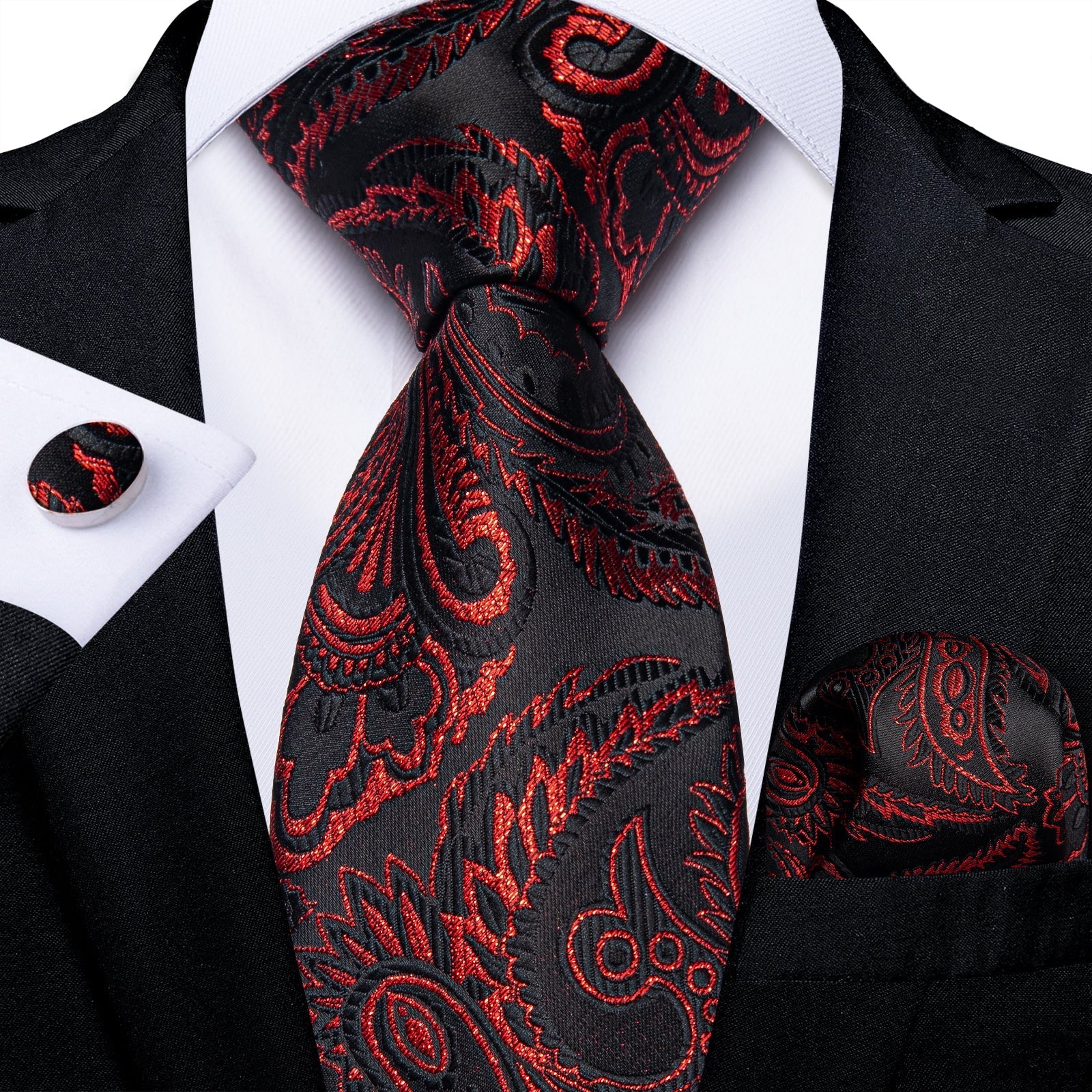 GentCrest Black Paisley Tie Hanky Cufflinks Set - Image 1