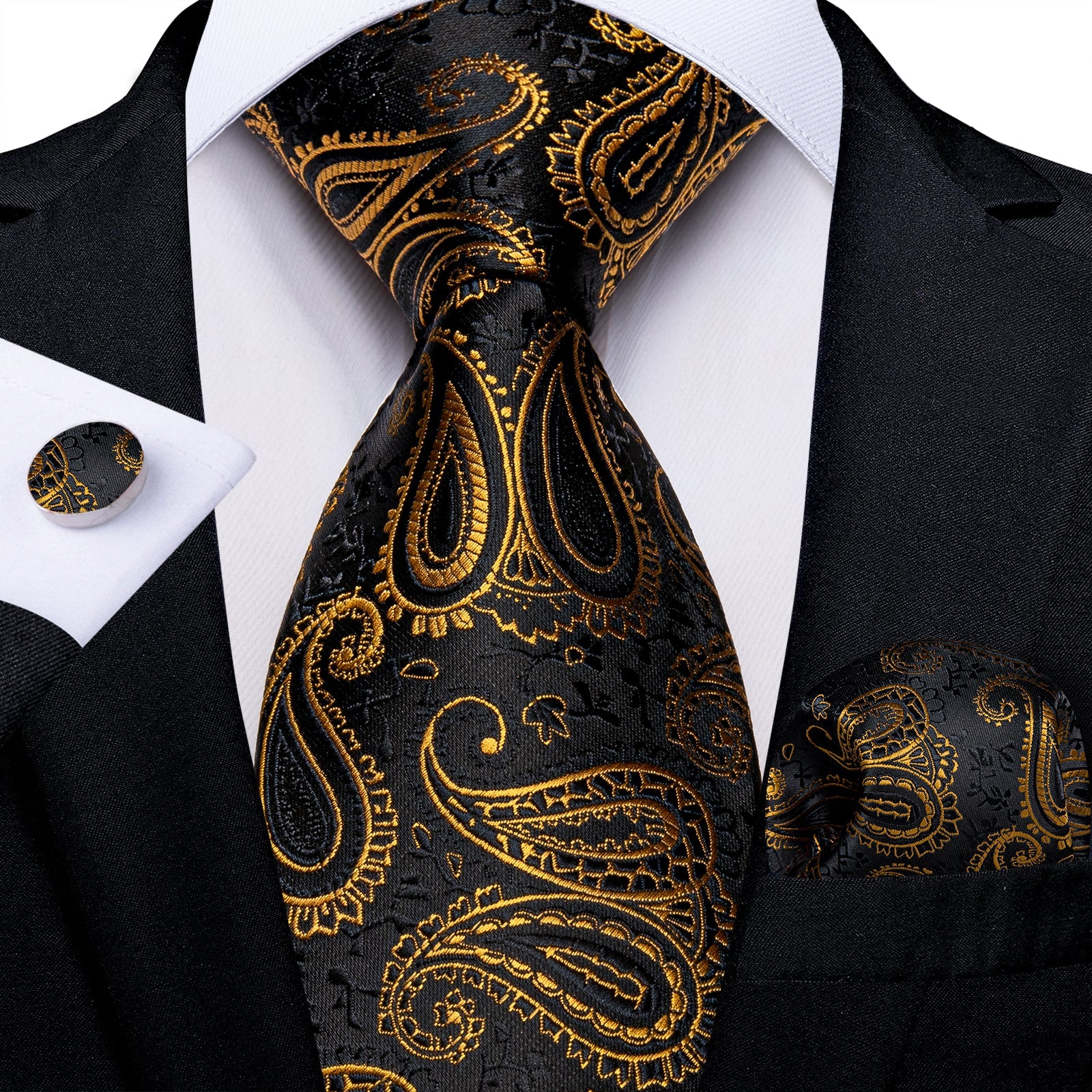 GentCrest Black Paisley Tie Hanky Cufflinks Set - Image 1