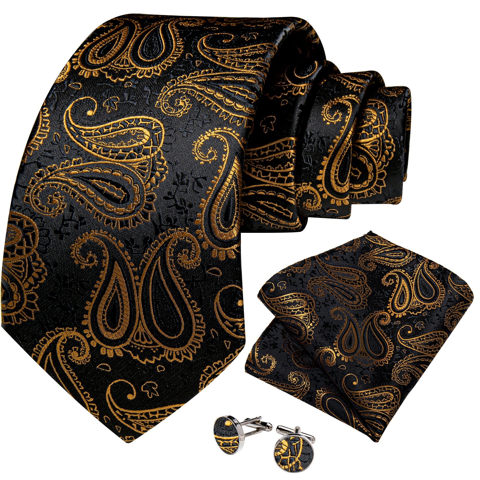 GentCrest Black Paisley Tie Hanky Cufflinks Set - Image 2