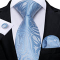 Baby Blue Paisley Silk Fabric Tie Hanky Cufflinks Set