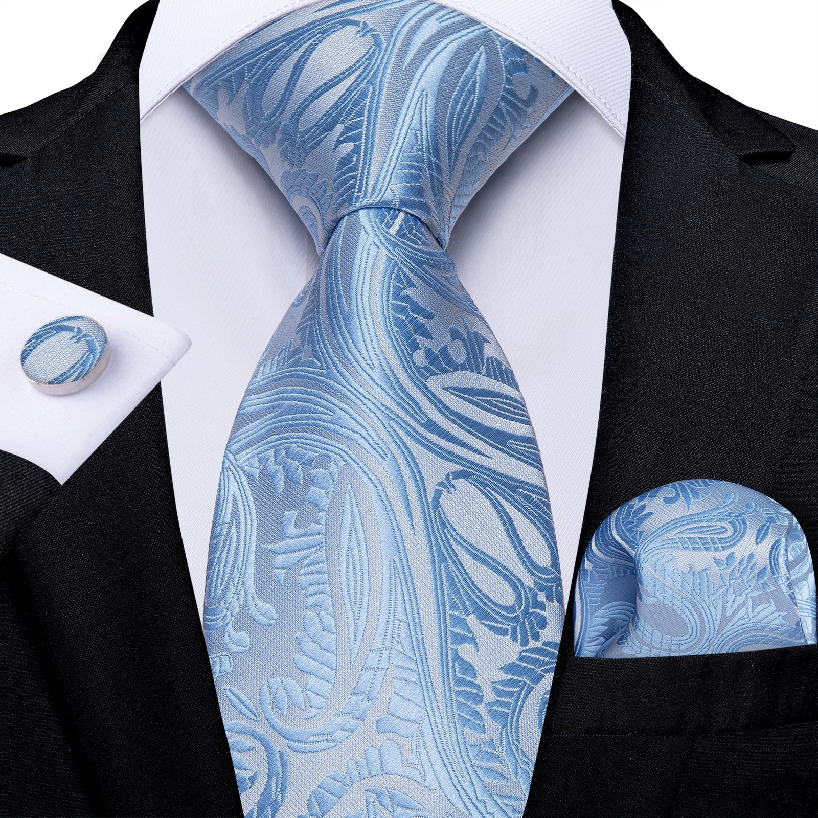 Baby Blue Paisley Silk Fabric Tie Hanky Cufflinks Set