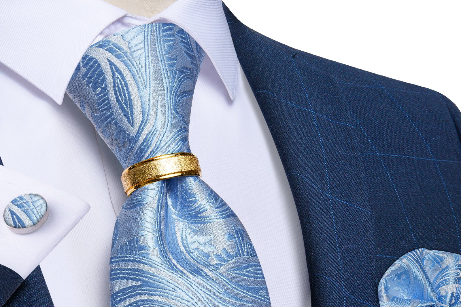 Baby Blue Paisley Tie Ring Pocket Square Cufflinks Set