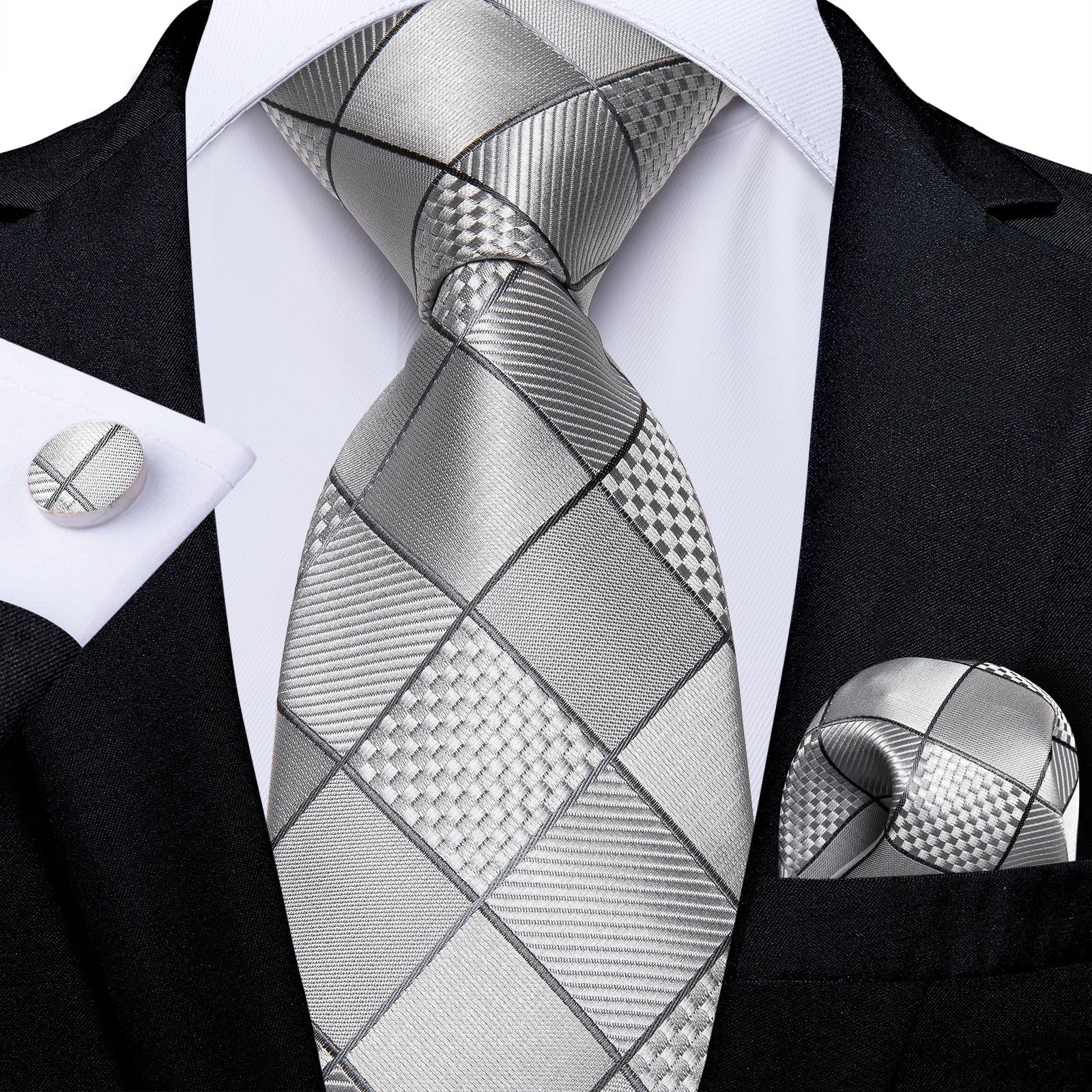 GentCrest Grey Plaid Tie Hanky Cufflinks Set - Image 1
