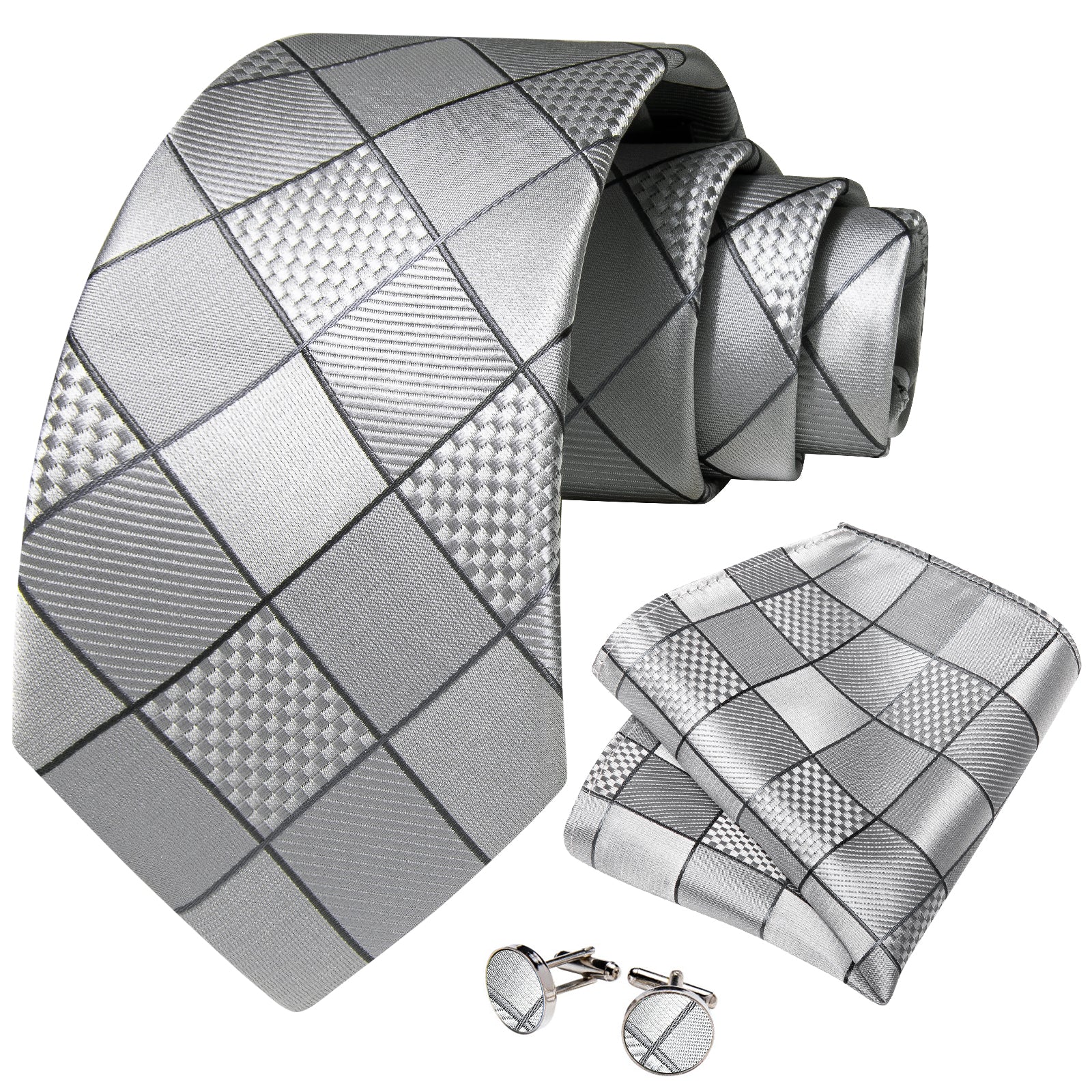 GentCrest Grey Plaid Tie Hanky Cufflinks Set - Image 2