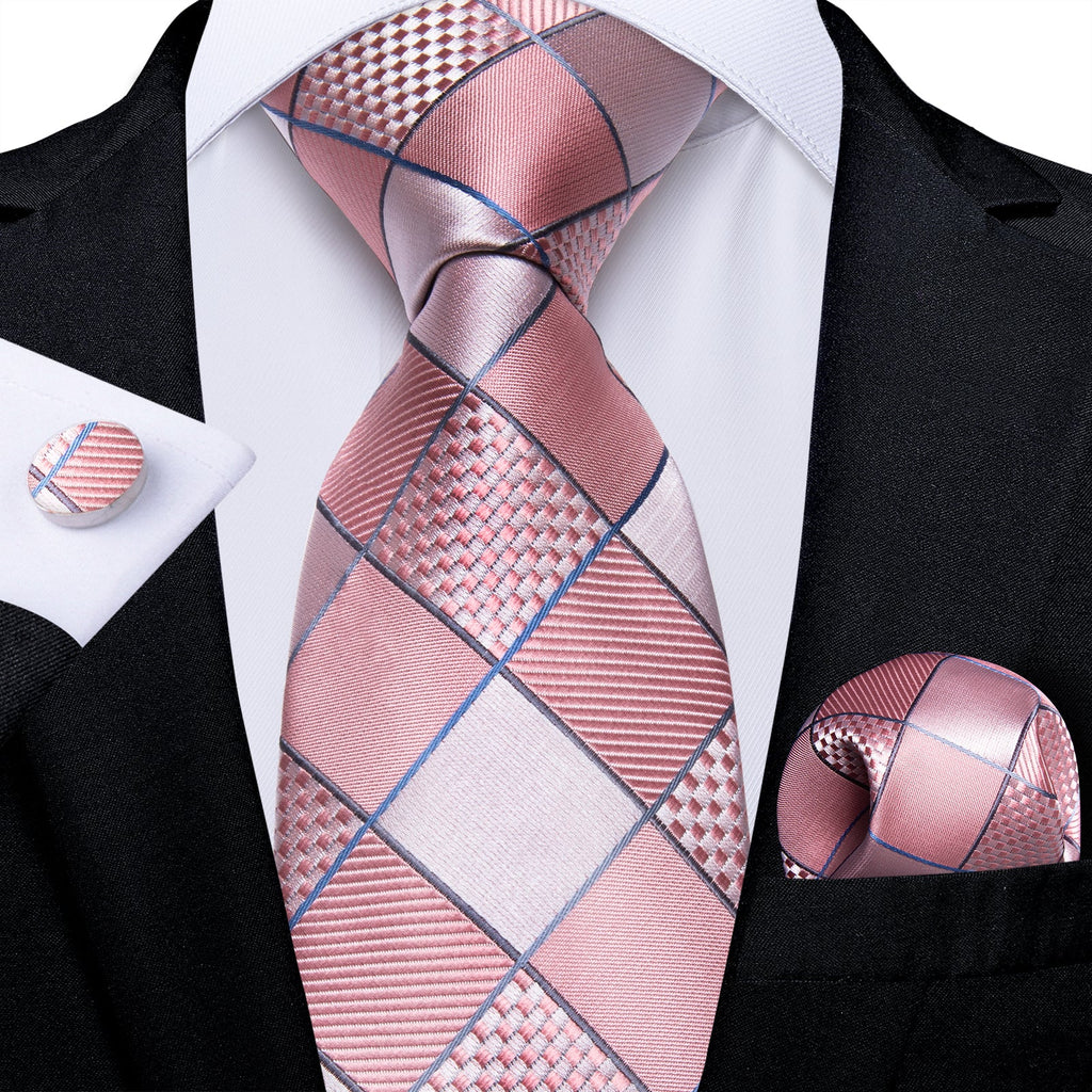 GentCrest Pink Plaid Tie Hanky Cufflinks Set - Image 1