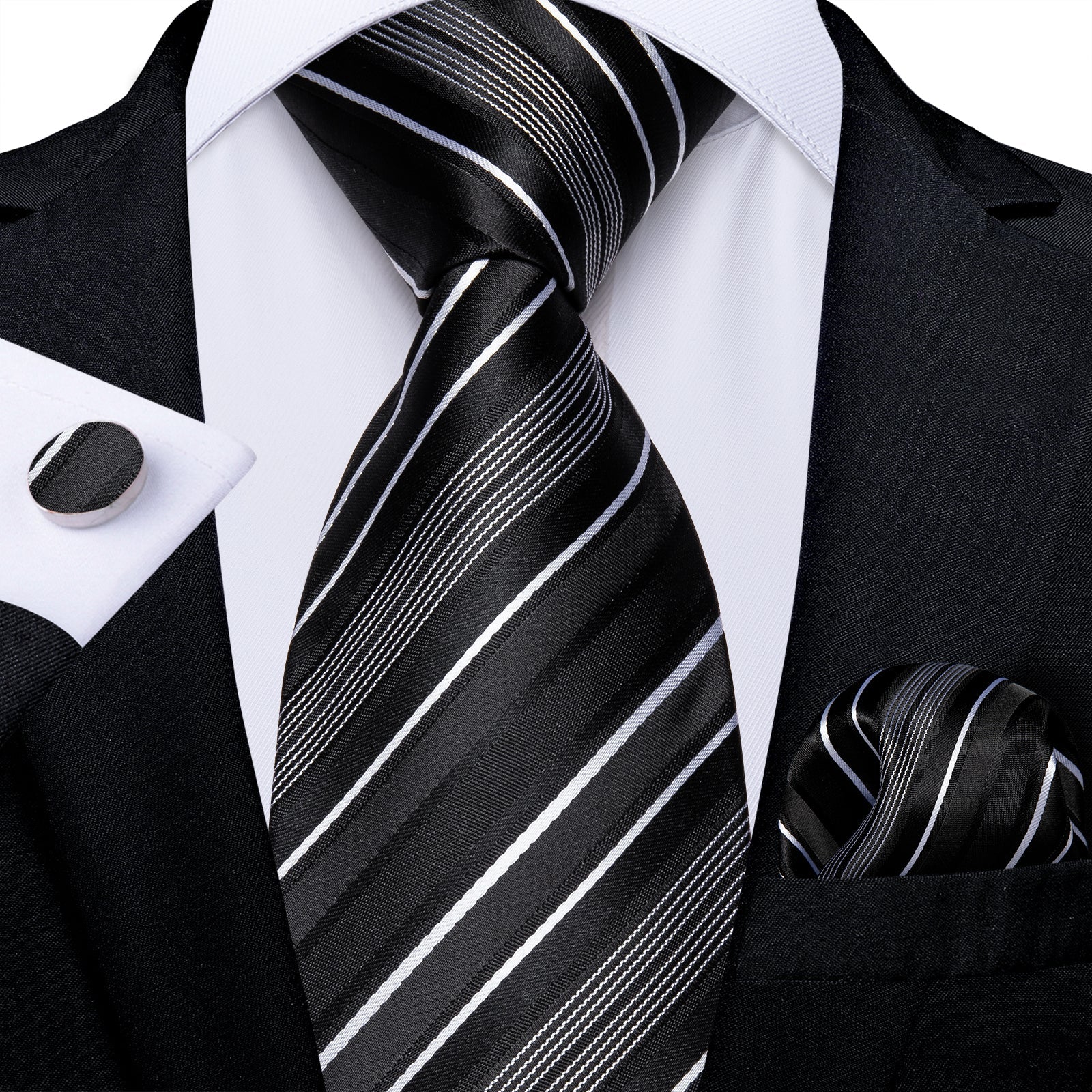 GentCrest Black Striped Tie Hanky Cufflinks Set - Image 1