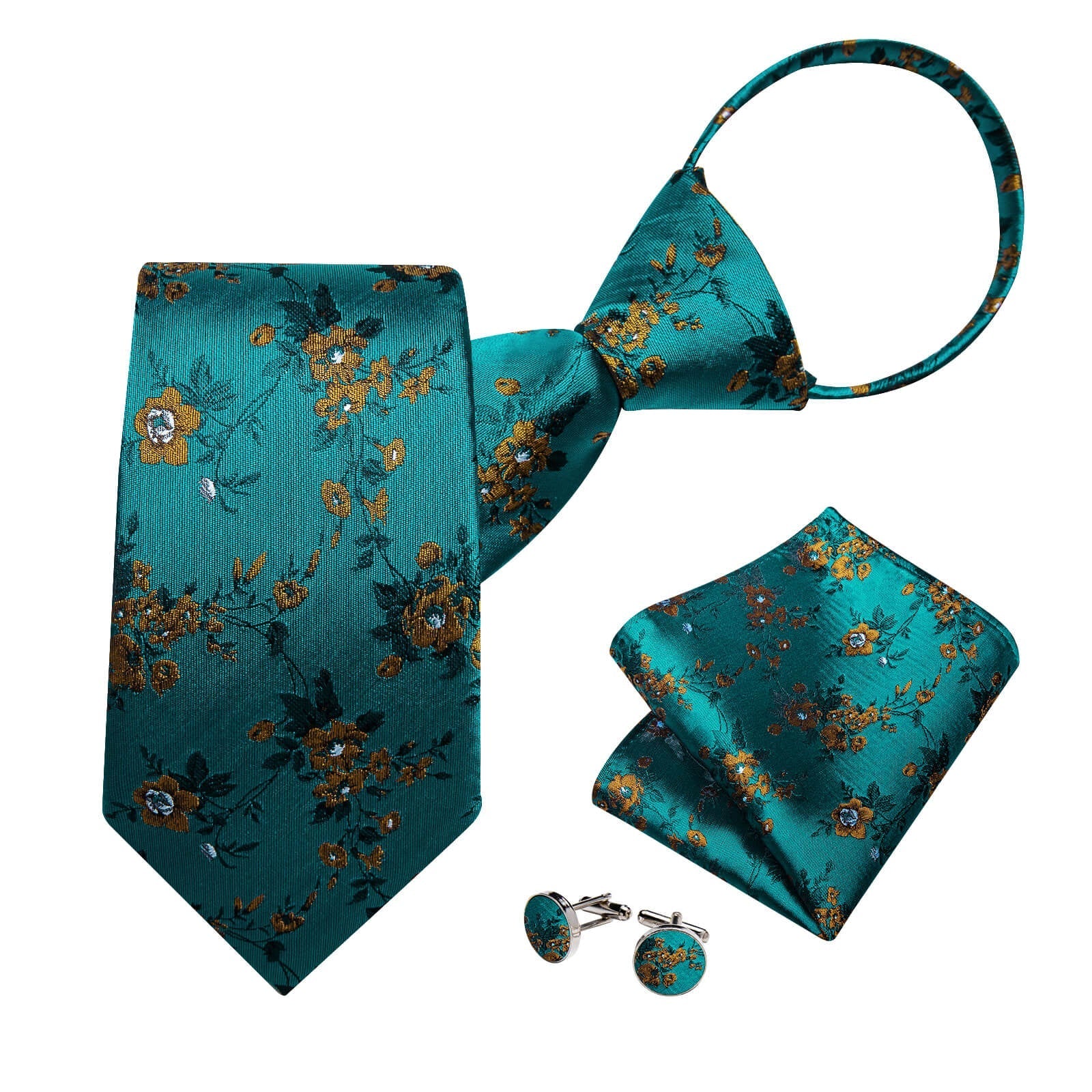 GentCrest Teal Floral Tie Hanky Cufflinks Set - Image 1