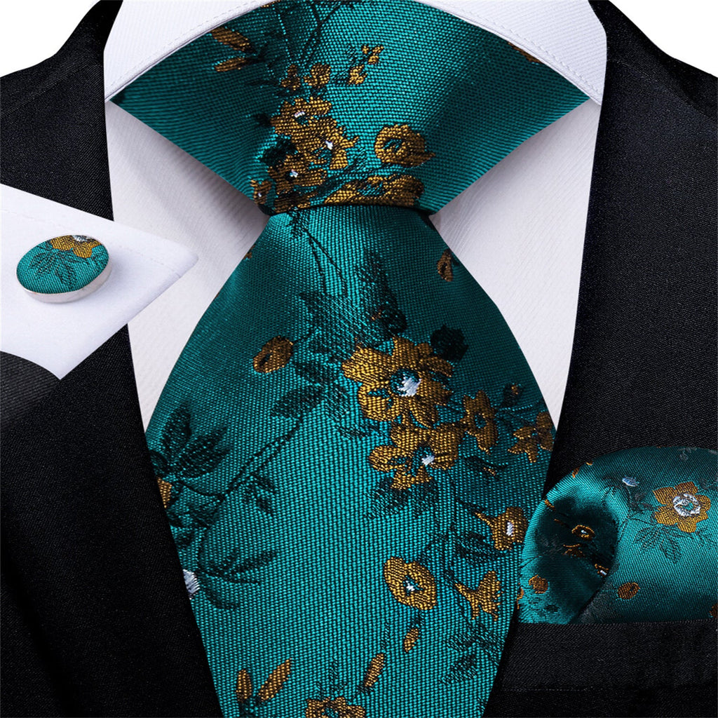 GentCrest Teal Floral Tie Hanky Cufflinks Set - Image 2