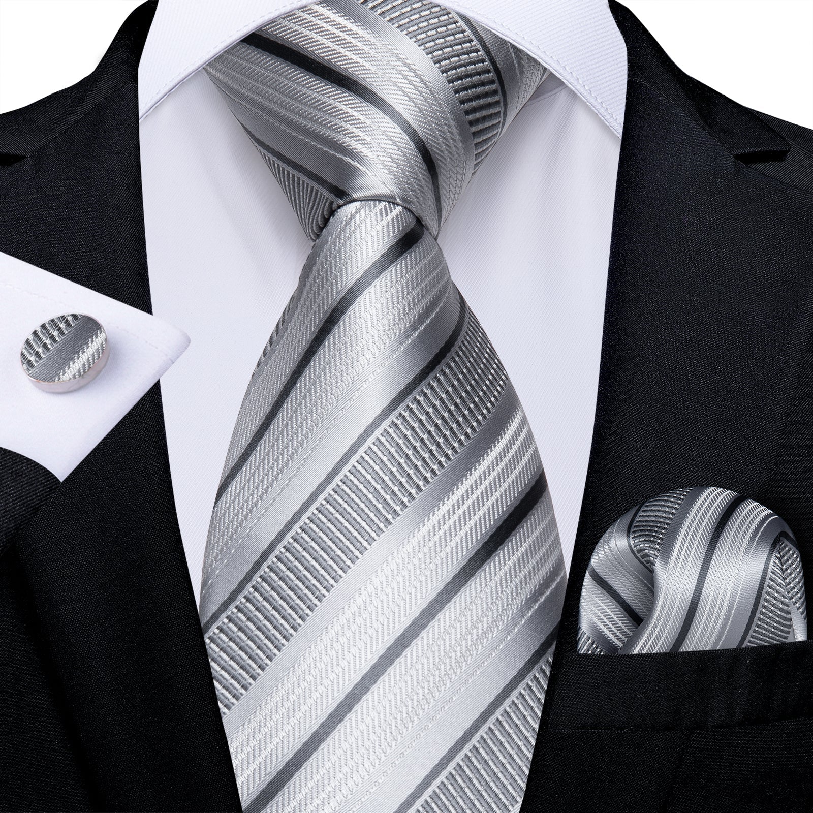 GentCrest Grey Striped Tie Hanky Cufflinks Set - Image 1