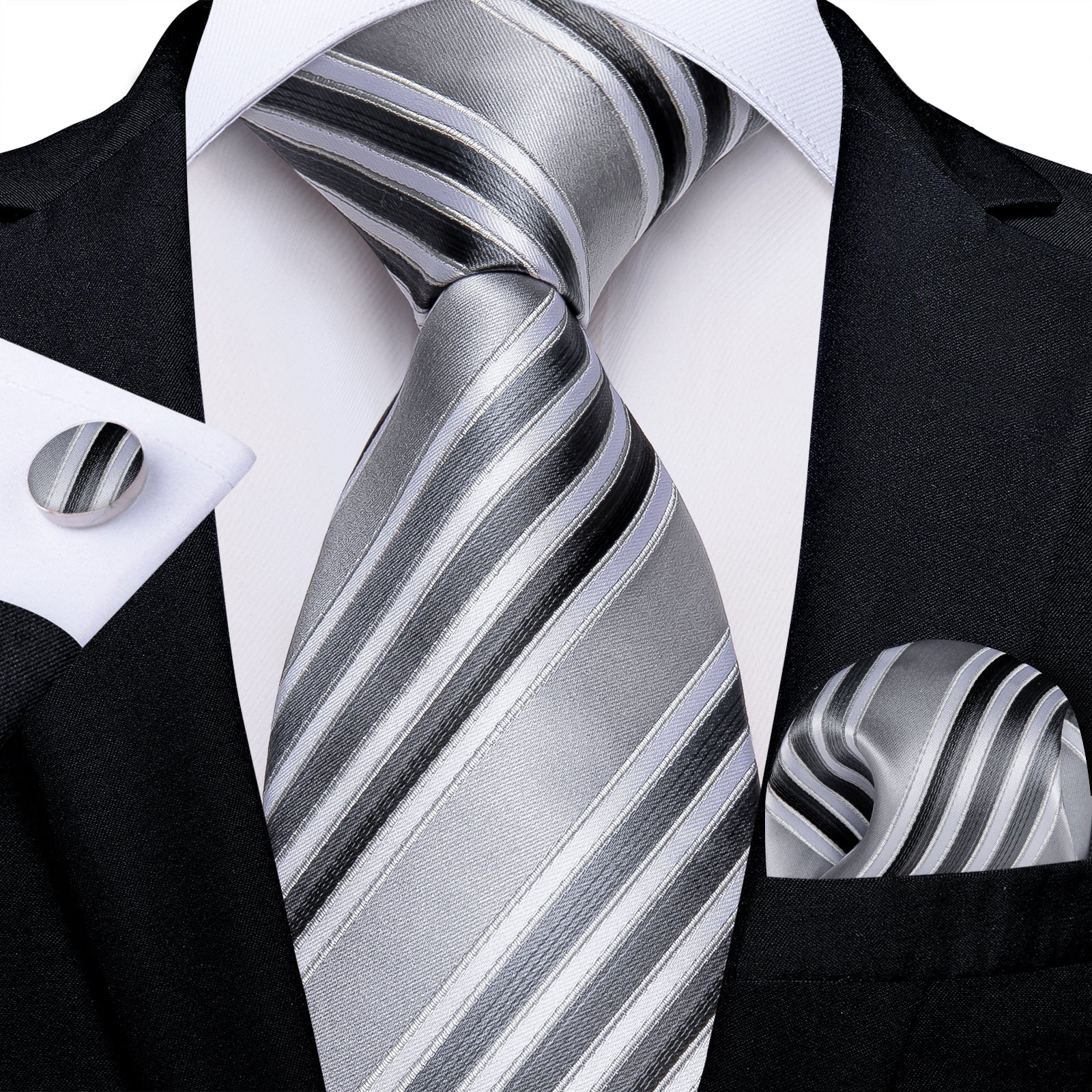 GentCrest Grey Striped Tie Hanky Cufflinks Set - Image 1