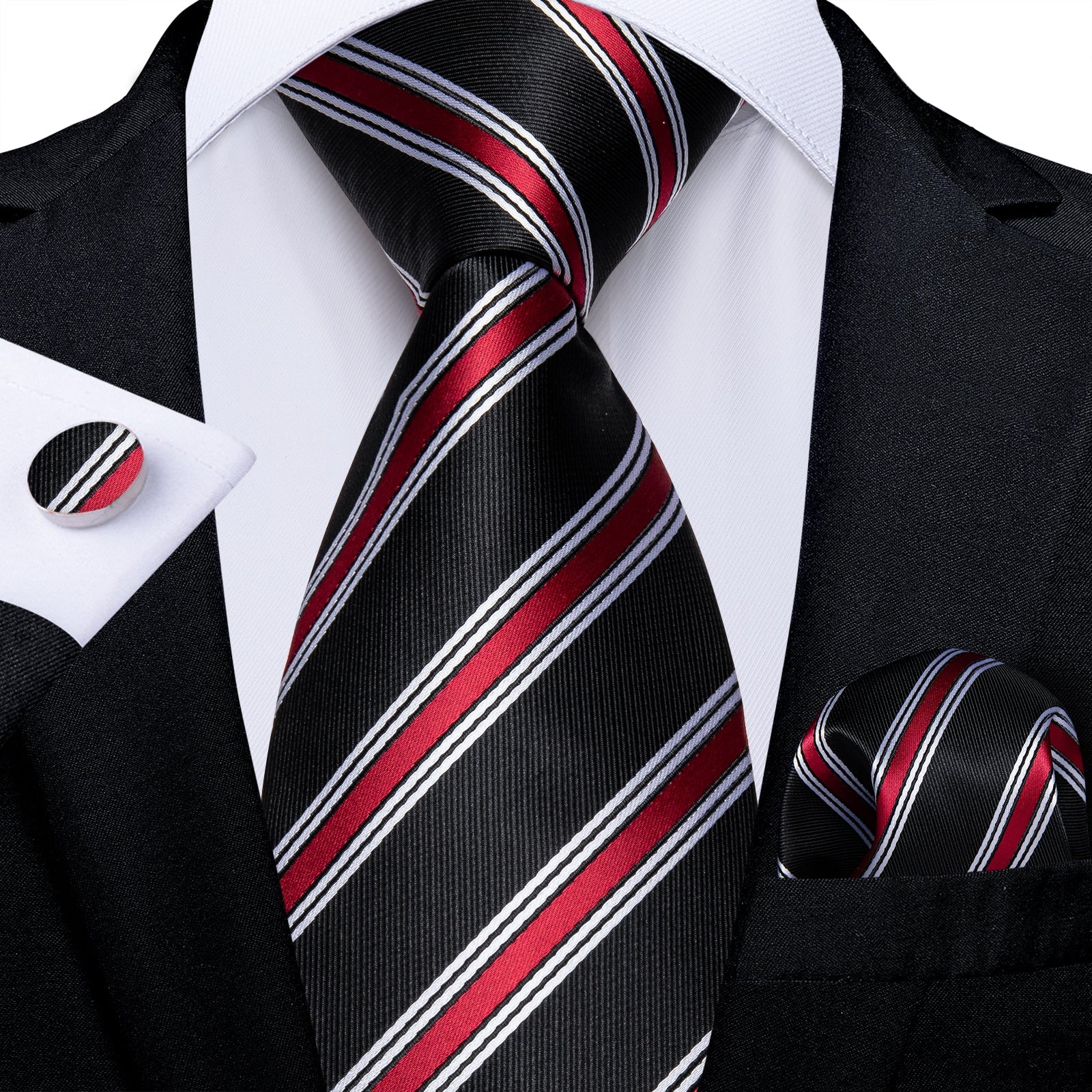 GentCrest Black Striped Tie Hanky Cufflinks Set - Image 1