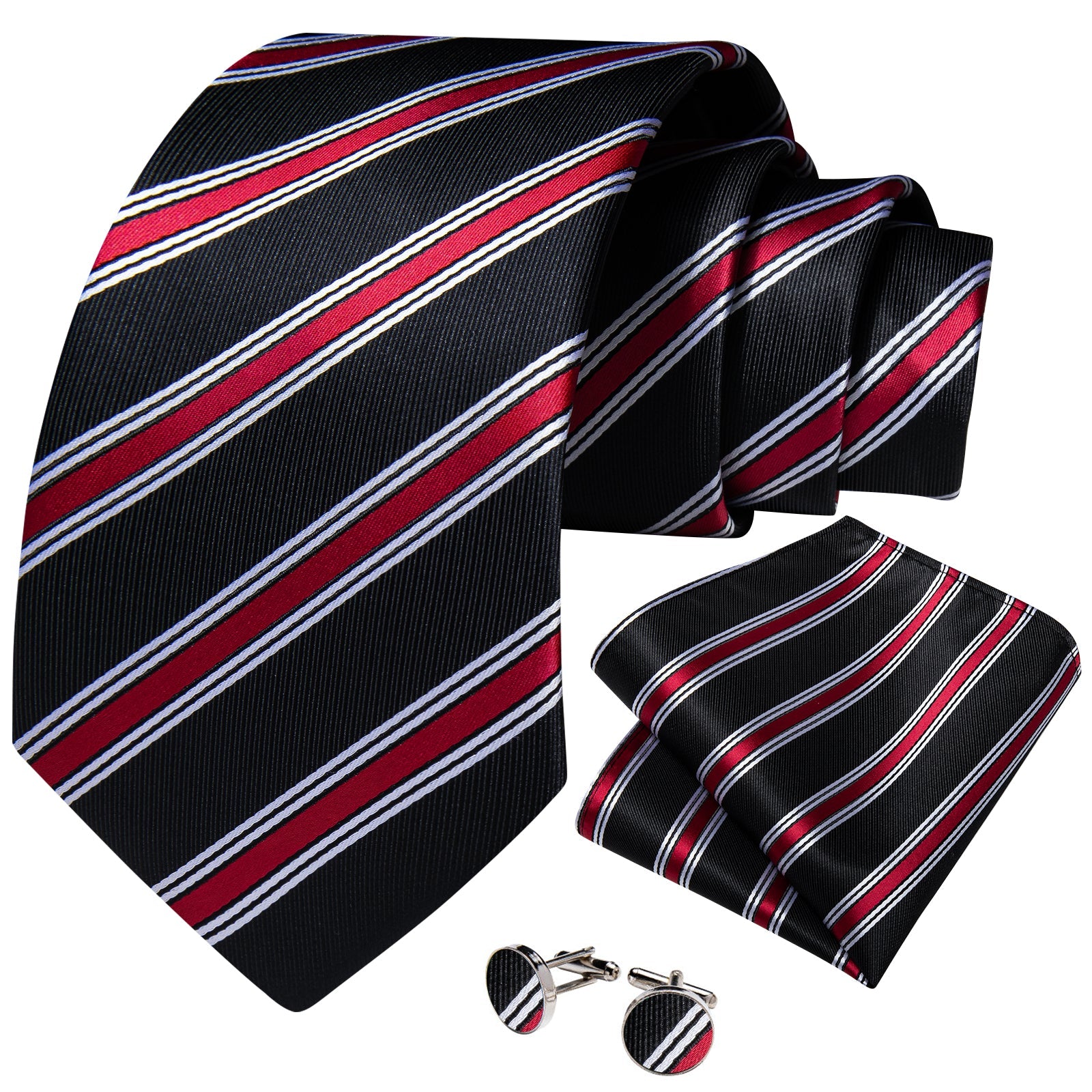 GentCrest Black Striped Tie Hanky Cufflinks Set - Image 2