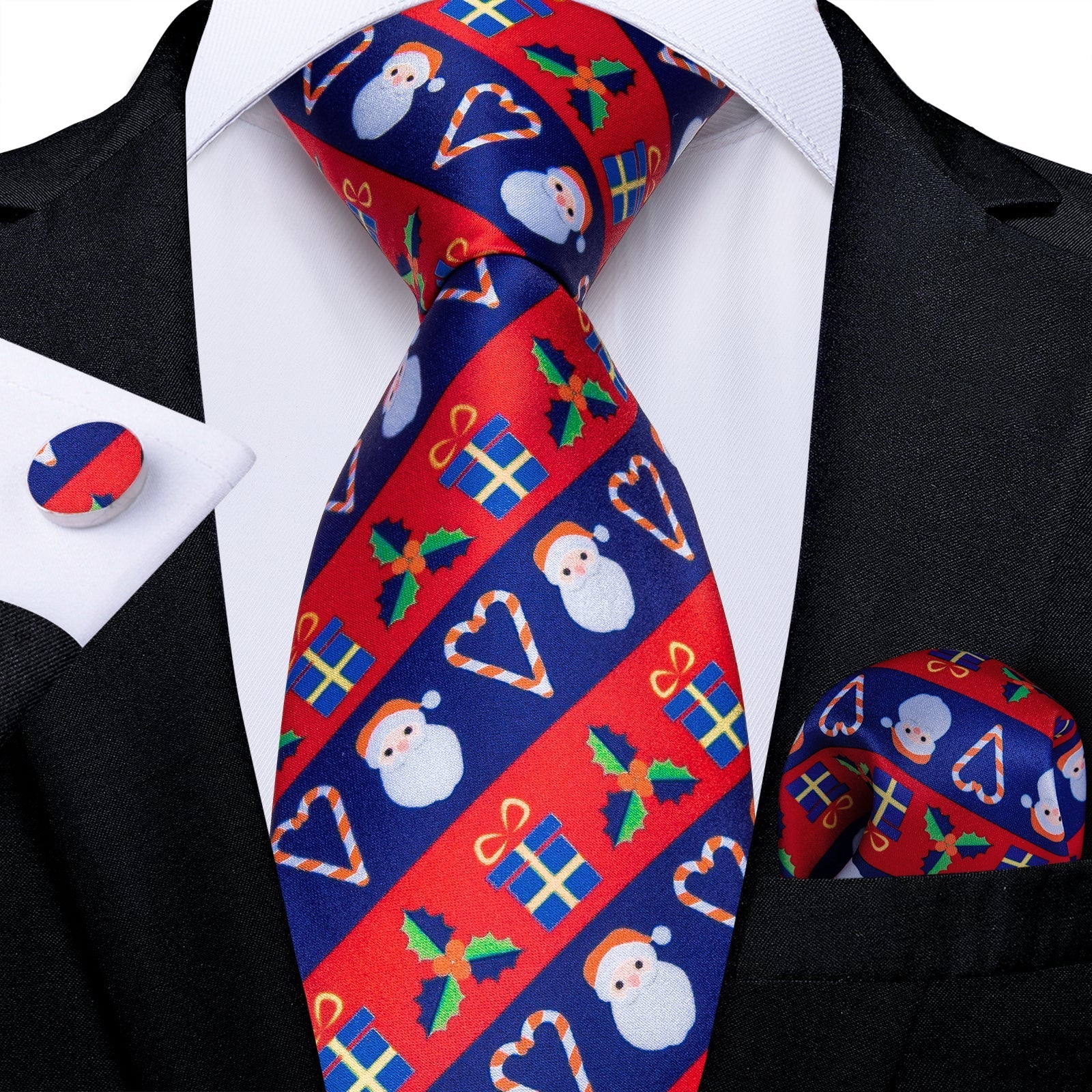 Red and Blue Striped Santa Silk Tie Set - GentCrest