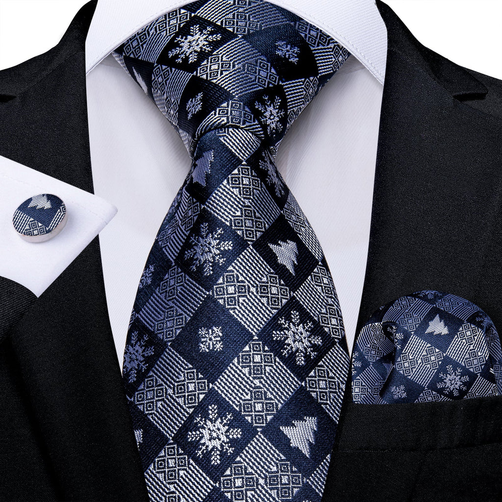 Blue and Gray Snowflakes Silk Tie Set - GentCrest