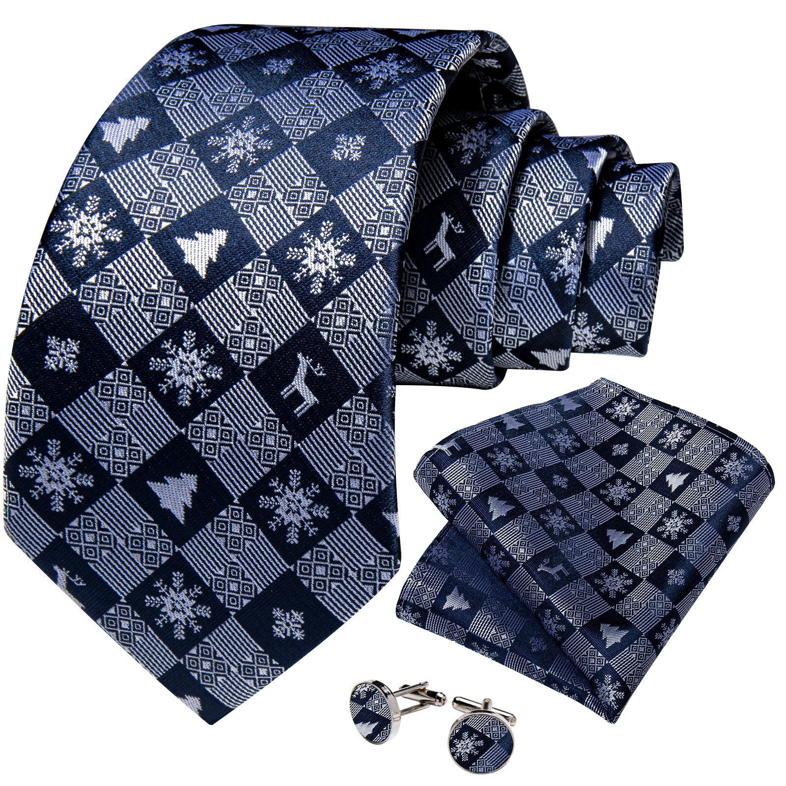 Blue and Gray Snowflakes Silk Tie Set - GentCrest - View 2
