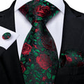 Black & Red Rose Floral Silk Tie with Green Accents Silk Tie Set - GentCrest