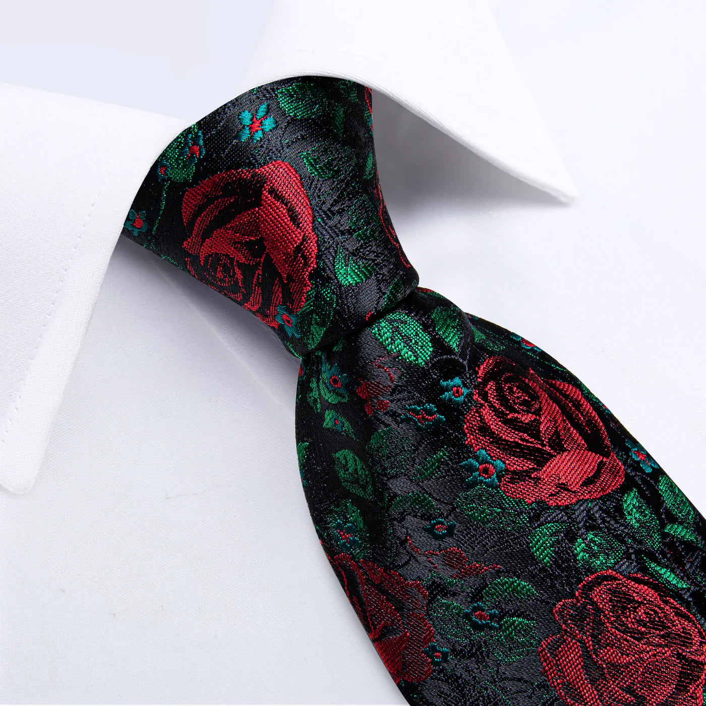 Black & Red Rose Floral Silk Tie with Green Accents Silk Tie Set - GentCrest - View 2