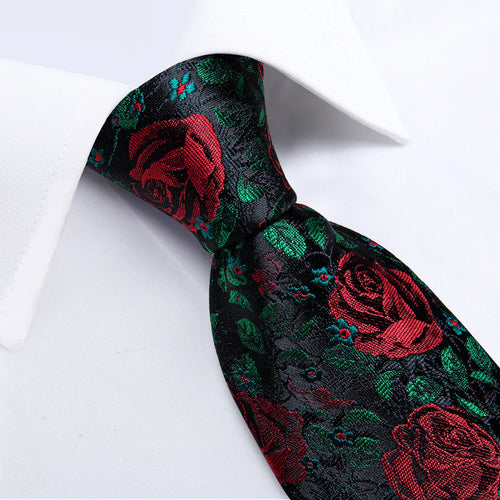 Black & Red Rose Floral Silk Tie with Green Accents Silk Tie Set - GentCrest - View 2