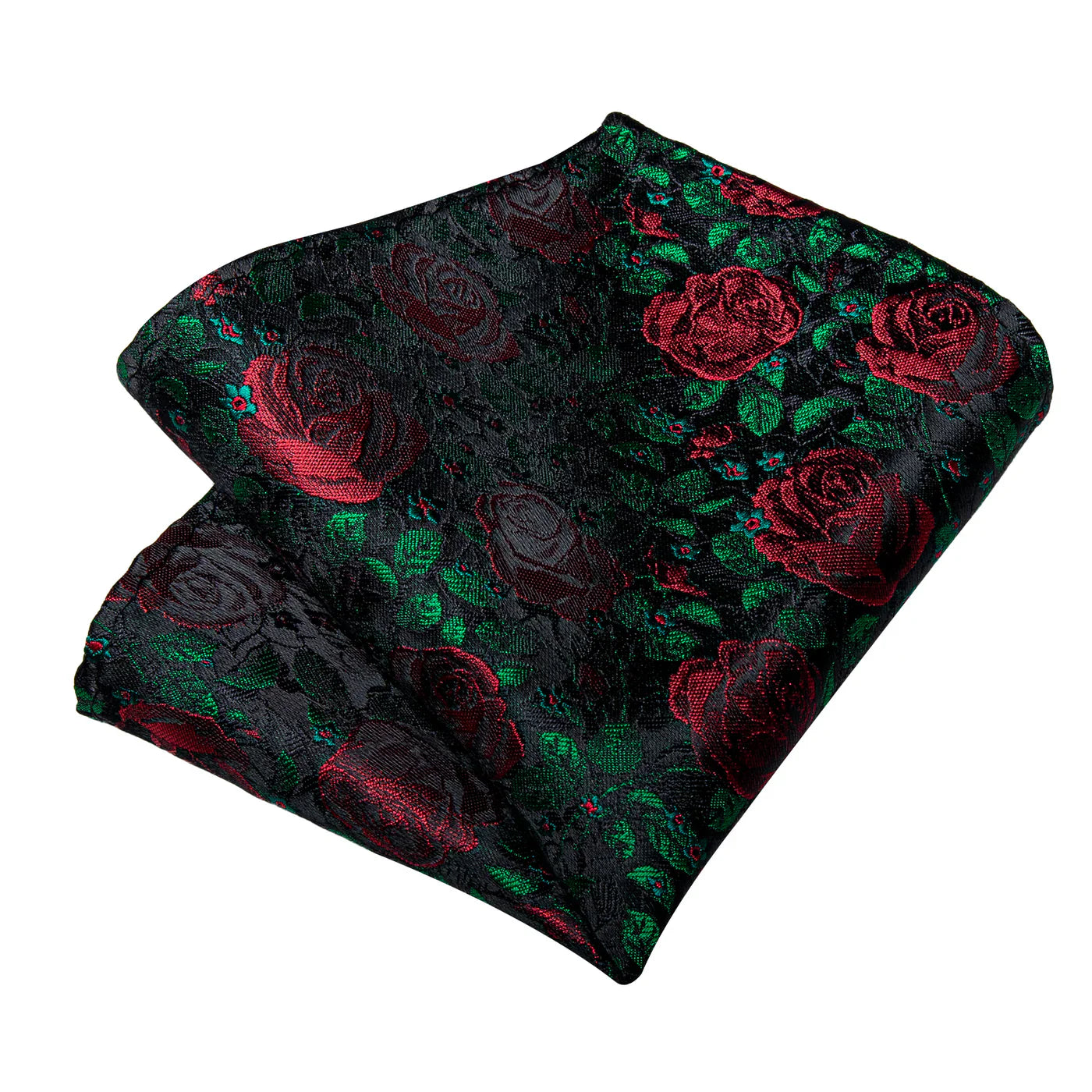 Black & Red Rose Floral Silk Tie with Green Accents Silk Tie Set - GentCrest - View 7