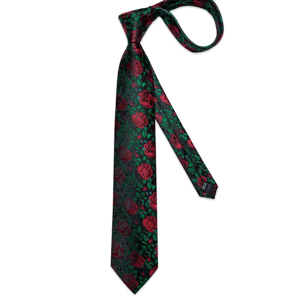 Black & Red Rose Floral Silk Tie with Green Accents Silk Tie Set - GentCrest - View 4
