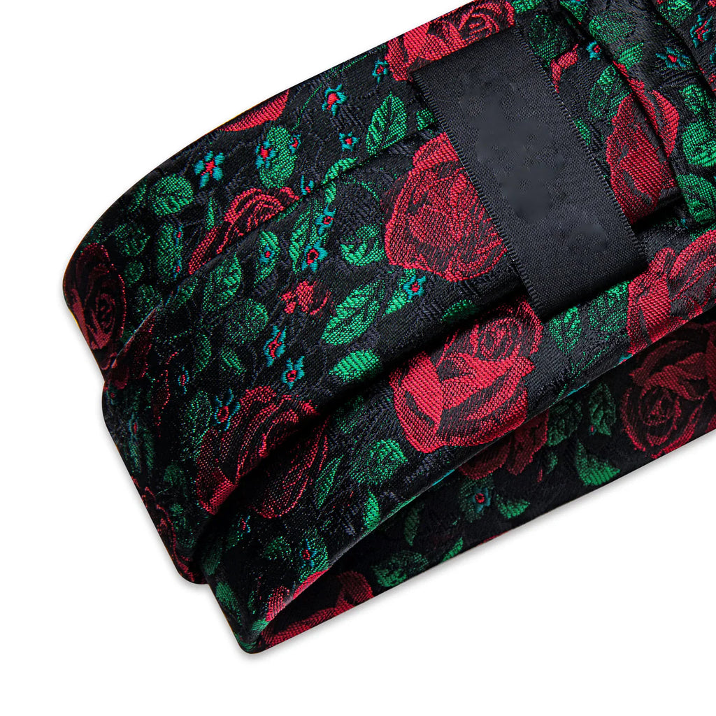 Black & Red Rose Floral Silk Tie with Green Accents Silk Tie Set - GentCrest - View 6