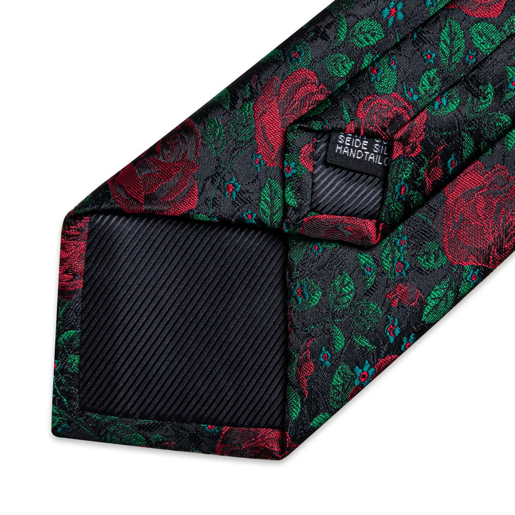 Black & Red Rose Floral Silk Tie with Green Accents Silk Tie Set - GentCrest - View 5
