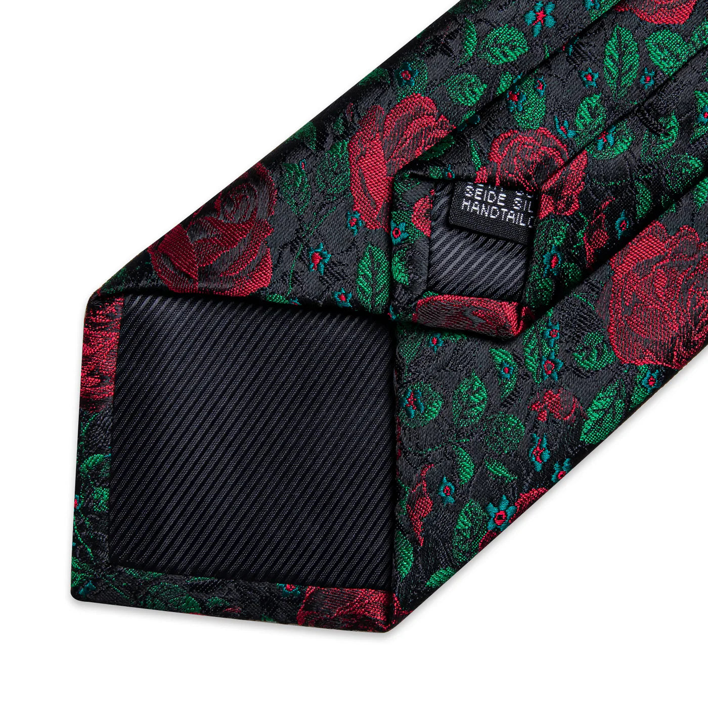 Black & Red Rose Floral Silk Tie with Green Accents Silk Tie Set - GentCrest - View 5