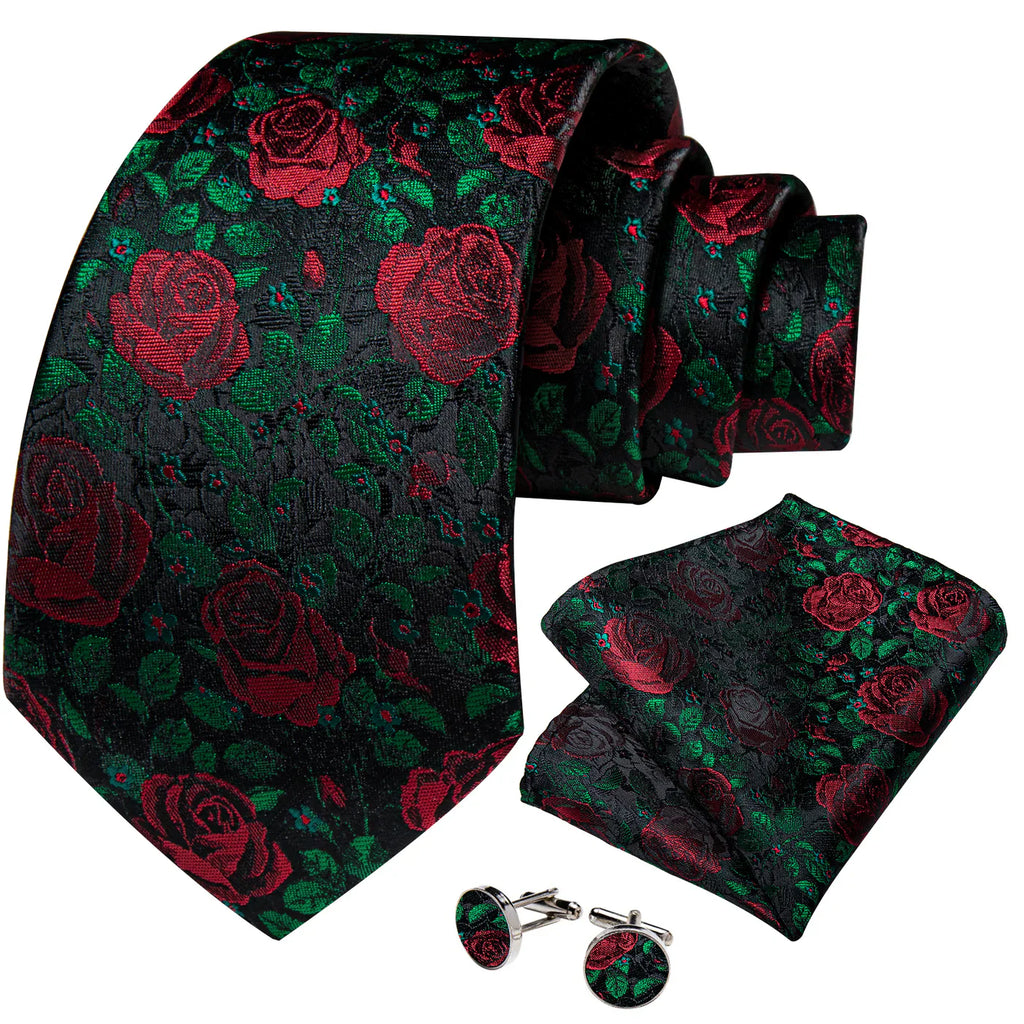 Black & Red Rose Floral Silk Tie with Green Accents Silk Tie Set - GentCrest - View 3