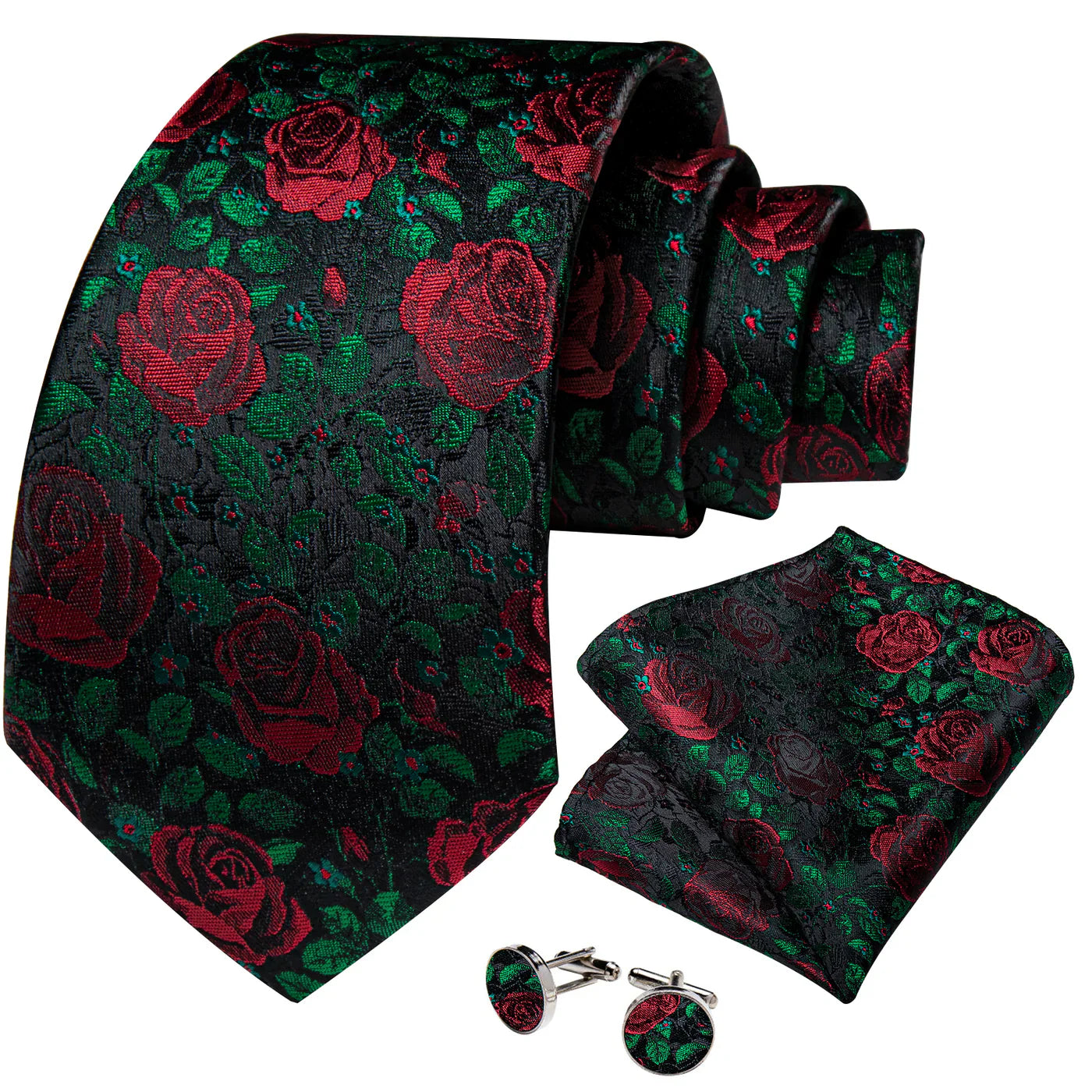 Black & Red Rose Floral Silk Tie with Green Accents Silk Tie Set - GentCrest - View 3