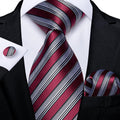 Burgundy & Silver Striped Silk Tie with Black Accents Silk Tie Set - GentCrest